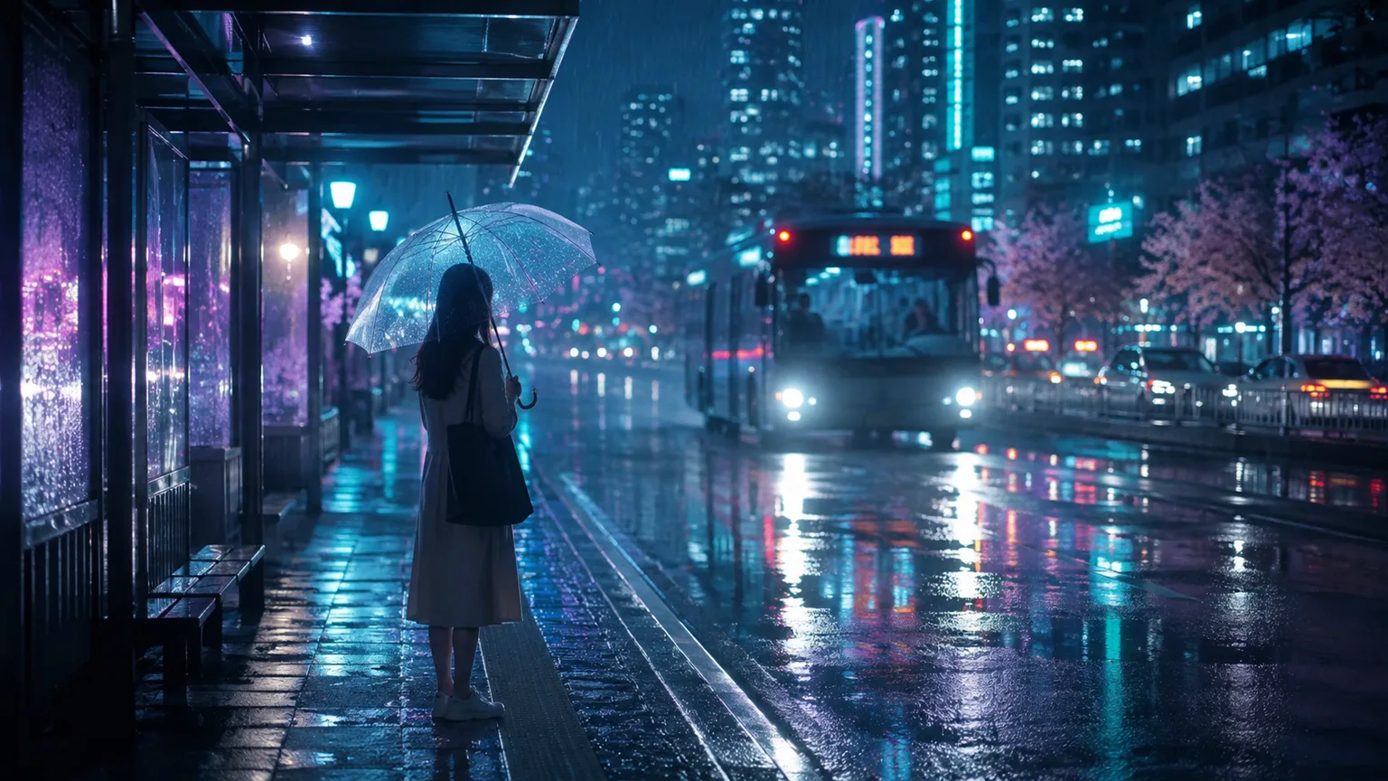 雨夜公交站的撑伞女孩